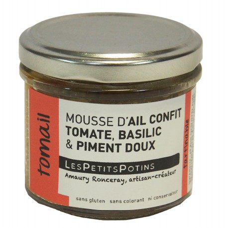 Mousse d'ail confit tomate basilic et piment doux
